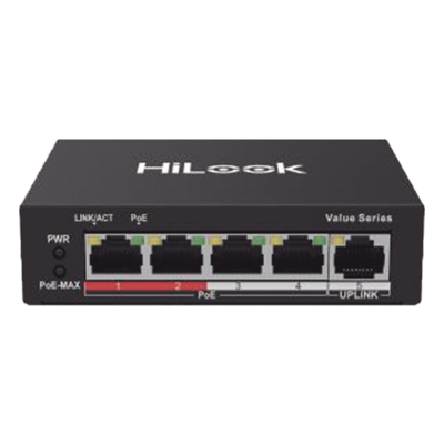 Switch PoE+ / 4 Puertos 10/100 Mbps PoE+ (af / at) / 1 Puerto 10/100 Mbps Uplink / Modo Extendido hasta 250 Metros / 35 Watts