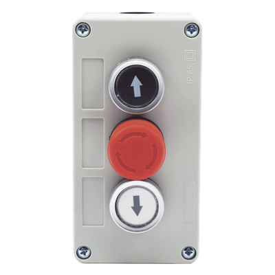 Botonera Triple con Boton de Stop Tipo Enclavado / Para Barreras Vehiculares, Operadores Corredizos y Abatibles.