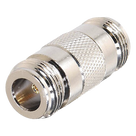 Adaptador Coaxial Tipo Barril / 50 Ohm / Conector N Hembra a N Hembra / Montaje en Línea / Cuerpo Bronce Plateado / Contacto Oro / Aislante Teflón