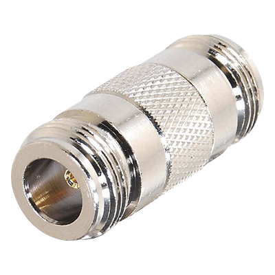 Adaptador Coaxial Tipo Barril / 50 Ohm / Conector N Hembra a N Hembra / Montaje en Línea / Cuerpo Bronce Plateado / Contacto Oro / Aislante Teflón