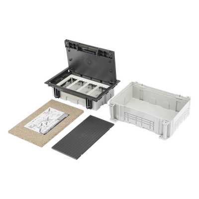 Caja Para Instalación en Pavimento para Voz, Datos o Contactos Eléctricos / Capacidad para 4 Módulos / Espacio Embellecedor en la Tapa / Profundidad Ajustable de 70 a 100 mm (2.76 a 3.94 pulgadas)