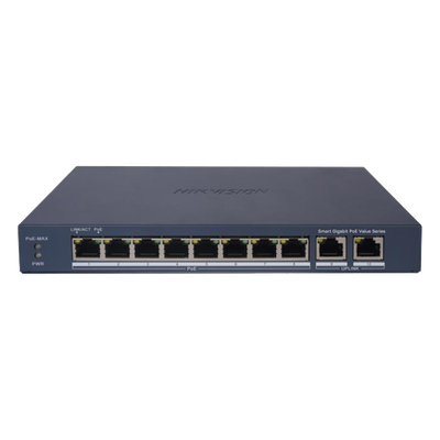 Switch Gigabit PoE+ / Administrable / 8 Puertos 1000 Mbps PoE+ / 2 Puertos 1000 Mbps de Uplink / Configuración Nube Hik-PartnerPro / Modo Extendido hasta 300 Metros / 60 W