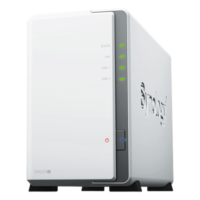 NAS DiskStation DS223j | 2 Bahías | CPU Realtek RTD1619B 1.7 GHz | 1 GB DDR4 | Puerto 1GbE RJ-45 | USB 3.2 Gen 1 | Compatible con HDD y SSD | Synology DSM | RAID 0, 1, JBOD | SMB, AFP, NFS, FTP | V