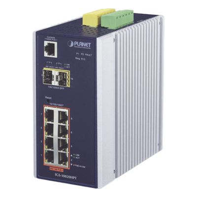 Switch Industrial Administrable Capa 2, 8 puertos PoE Gigabit 802.3af/at, 2 Puertos SFP de 1 / 2.5 Gigabit, Entrada de Voltaje Secundaria para Fuente Redundante