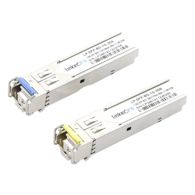 Transceptores Ópticos Bidireccionales SFP (Mini-Gbic) / Monomodo 1310 & 1550 nm / 1.25 Gbps / 1000BASE-BX / Conector LC/UPC Simplex / DDM / Hasta 20 km / 2 Piezas