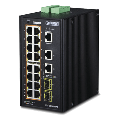 Switch Industrial Administrable 16 puertos 10/100/1000 T 802.3at PoE + 2 Puertos 10/100/1000 T + 2 puertos 100/1000 X SFP