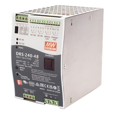 Fuente de Poder Industrial de 240W con Cargador de Baterías, salida 48Vcc, 5A, para montaje Riel Din