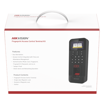 Kit de Control de Acceso TODO INCLUIDO con Lector de Huellas y Tarjetas / 3,000 Huellas / Compatible con App Hik-Connect / Incluye Electroimán  Botón de Salida y Montajes Z y L para imán (DS-K1T804
