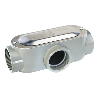 Caja oval roscada tipo T de 1 1/4\" (31.8 mm) incluye tapa y tornillos.