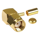 Conector Coaxial SMA Macho Inverso / Ángulo Recto / Anillo Plegable / Compatibilidad RG-174/U y Belden 8216 / Cuerpo Bronce con Recubrimiento de Oro / Aislante Teflón