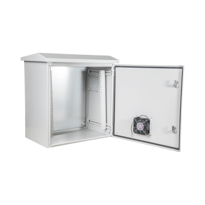 Kit Gabinete Ventilado de Acero, Rack 19\" 11U, IP55 Uso en Exterior (593 x 609 x 399 mm) con Placa Trasera Interior Metálica y Compuerta Inferior Atornillable. Incluye Ventilador, Ventilas, filtro