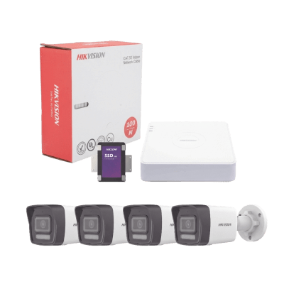 Kit IP 4 Megapixel / NVR de 4 Canales con 4 Puertos PoE / 4 Cámaras IP Bala Dual Light (IR + Luz Blanca) con Microfono Integrado y ACUSENSE Lite para Exterior/ Bobina de Cable de 100 mts / SSD de 1