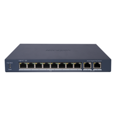 Switch Gigabit PoE+ / Administrable / 8 Puertos Gigabit PoE+ / 2 Puertos Gigabit / Configuración Nube Hik-Partner Pro / Modo Extendido hasta 300 Metros / 110 W