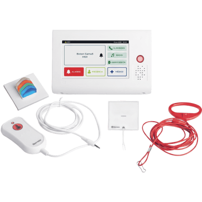 Kit de Habitación Hospitalaria PRO / Terminal IP 7\" Táctil + Pulsador Cama IP67 + Luz Cuatricolor + Tirador Baño / Comunicación Paciente-Enfermero VoIP SIP / PoE / Antibacteriano