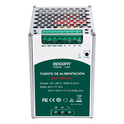 Fuente de Alimentación Industrial DIN Riel / 480 W / Salida 48 VCC 10 A / Eficiencia ≥93% / Carga de Batería / -20°C a 70°C