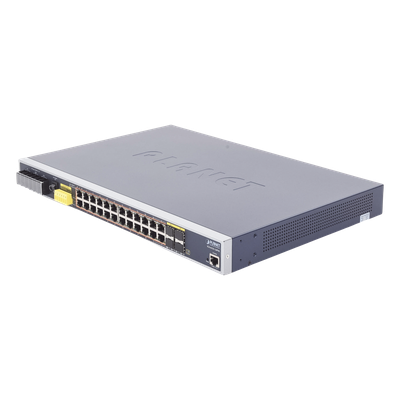 Switch PoE Industrial Capa 3, Con 24 Puertos PoE Gigabit  802.3af/at, 4 Puertos SFP Compartidos 100 / 1000X, Soporta temperaturas extremas de -40 ~ 75°C
