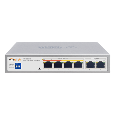 Switch PoE / Administración en la nube / Con 4 puertos 10/100 Mbps PoE af/at / 2 Puertos Uplink 10/100 Mbps / Presupuesto 60 W / PoE hasta 250 metros / Soporta protocolo ONVIF