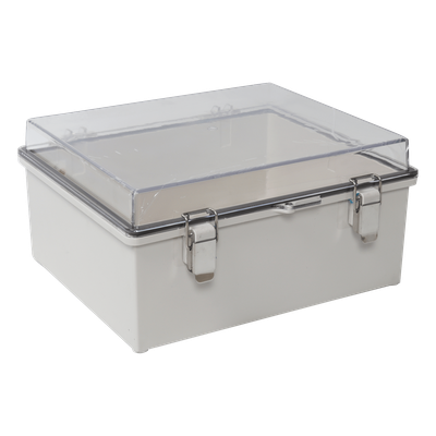 Gabinete Plástico ABS, Puerta Transparente, Uso en Intemperie IP66 (170 x 220 x 110 mm) Cierre por Broches Inoxidables y Permite Cerrado por Candado y Llave (Perno 5mm) No Incluido