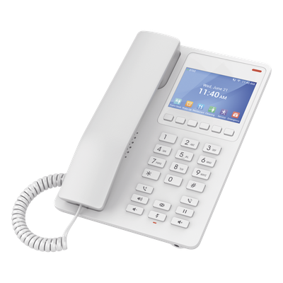 Teléfono IP Hotelero con pantalla LCD a color, 2 líneas SIP con 2 cuentas, codec Opus, IPV4/IPV6, color blanco, con gestión en la nube GDMS
