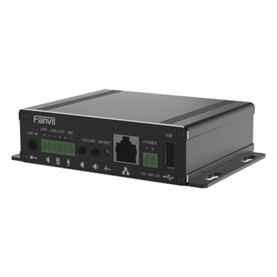 Gateway para Voceo IP/SIP,  Entrada de audio (3.5mm), salida de amplificador integrado de hasta 30W, puerto USB (reproducción de MP3),
