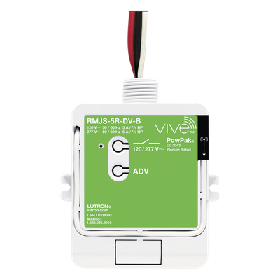 Módulo de relevador inalámbrico PowPak de 5 A con Softswitch, 120/277 V, para cargas generales de iluminación, con controles Pico y sensores Radio Powr Savr del sistema Vive