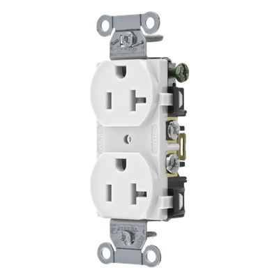 Contacto Dúplex 20 A, 125 V,  2 Polos, 3 Hilos, Cableado Posterior y  Lateral, Color Blanco (Nema 5-20R).