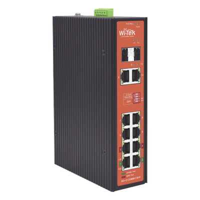 Switch PoE Industrial No administrable / Puertos 1-2 PoE 802.3 af/at y PoE 24 Vcc Pasivo 30W / Puertos 3-4 PoE 802.3 af/at/bt Hasta 60W / Puertos 5-8 PoE 802.3 af/at Hasta 30W / Los 8 puertos son G