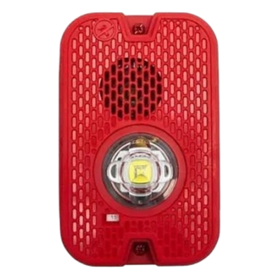 Sirena con Lámpara LED Estroboscópica / 2 Hilos / Montaje en Pared / 16 a 24 Vcd / Configuración Estroboscópica Seleccionable / Texto en Inglés / Color Rojo / Uso exterior
