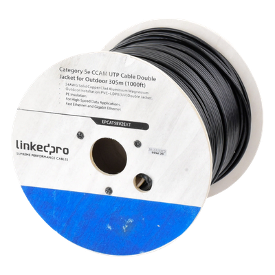 Bobina de Cable de 305 Metros (1000 Pies) Cat5e, Aleación de Cobre y Aluminio (CCA), Color Negro, Uso Intemperie, Doble Forro